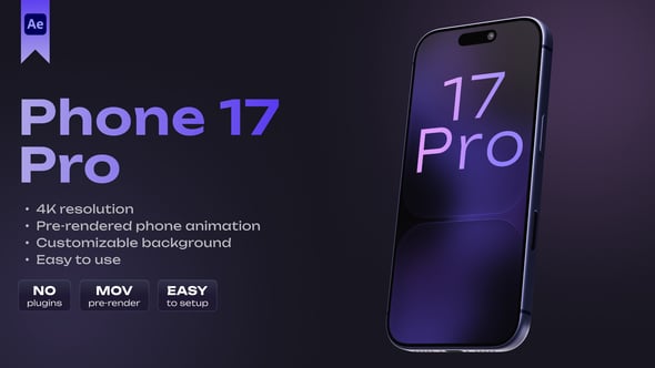 【AE模板】苹果 17手机三维模型UI界面应用业务展示动画 Phone 17 Pro Blue Mockup