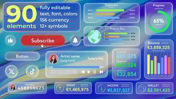 【AE/PR模板】90个透明磨砂玻璃背景小部件按钮弹窗控件信息展示动画 Liquid Glass Widgets Pack
