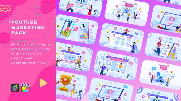 【FCPX插件】10款Youtube社交媒体品牌推广演示MG预置图形循环动画 YouTube Marketing Pack 汉化版