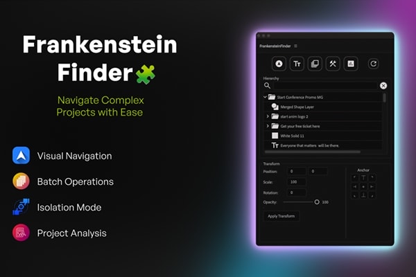 【AE脚本】AE项目快速分析导航图层批量管理工具 Frankenstein Finder v1.0 汉化版 +使用教程